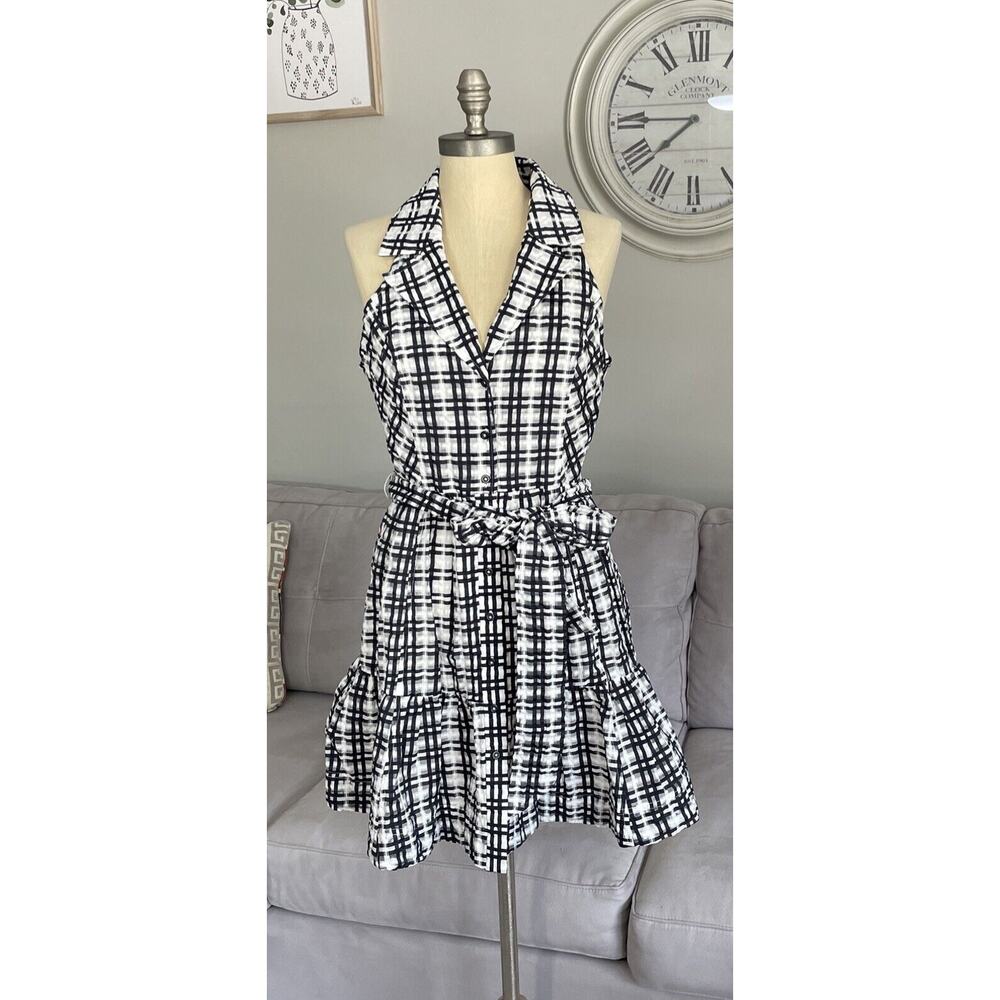 Maeve Black and White Plaid Halter Mini Dress